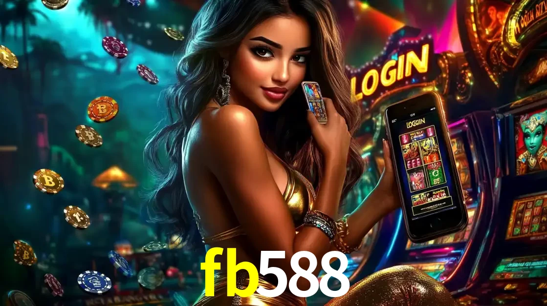 Mulher em um cenário de cassino temático de aventura, mostrando o app de caça-níqueis da fb588 no celular. Fichas de apostas flutuam ao redor.
