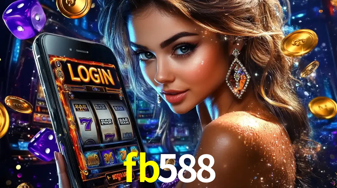 Mulher glamorosa segurando um smartphone com a tela de login para os jogos de caça-níqueis do cassino online fb588, com moedas de ouro e dados ao redor.